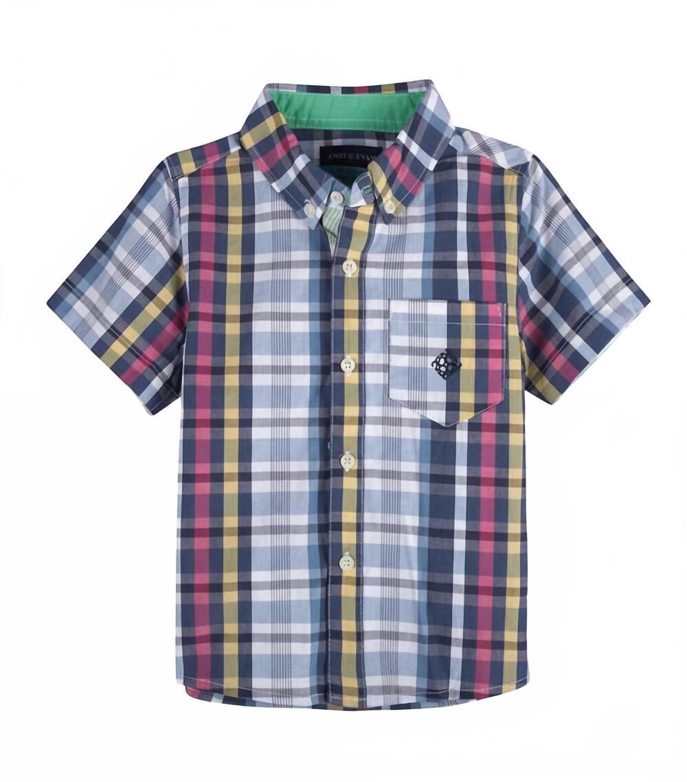 NEW ANDY & EVAN kids short sleeve madras plaid shirt in blue & pink